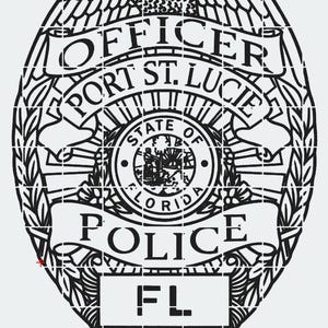 May include: Black and white police badge featuring the text "OFFICER PORT ST. LUCIE POLICE FL" and "STATE OF FLORIDA" in a circular design. The badge is shield-shaped with decorative elements.