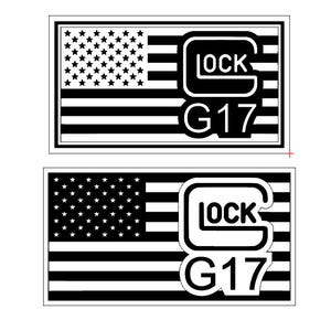 May include: Black and white image of an American flag with the text "LOCK G17" superimposed on the flag.