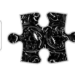May include: Three black and white puzzle pieces with a floral pattern. The pieces are arranged in a row, with the middle piece slightly offset from the others.