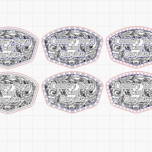 May include: Six black and white patterned iron-on patches with the text "Country Boys can Survive" in a white font.