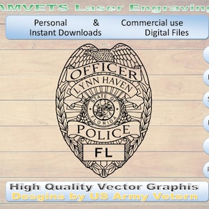 May include: A black and white vector graphic of a Lynn Haven Police officer badge featuring an eagle at the top, a central seal with the text State of Florida, and the letters FL at the bottom. The design includes file format labels AI, EPS, SVG, DXF, LBRN, and PNG.