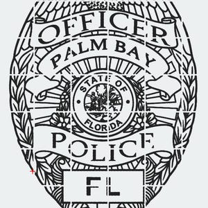 May include: Black and white police officer badge with the words "OFFICER PALM BAY POLICE FL". The badge features a detailed design with a central emblem and decorative elements.