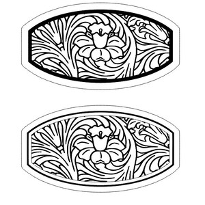 May include: Black and white line art design of a stylised floral pattern with a central flower. The design is framed by a black oval.