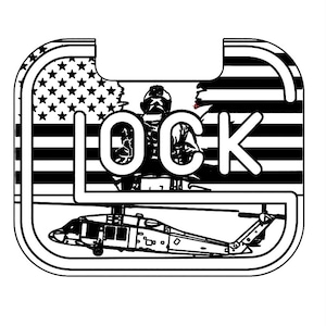 Könnte beinhalten: Schwarzweißes Grafikdesign mit der Silhouette eines Soldaten vor einer amerikanischen Flagge mit dem Wort "LOCK" in großen weißen Buchstaben. Im Vordergrund befindet sich ein schwarzer Hubschrauber.