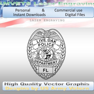 May include: A black and white vector graphic of the Live Oak Police Department badge from Florida. The design features an eagle at the top, a central seal with the state of Florida emblem, and the text FL at the bottom. Includes file format icons.