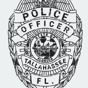 Puede incluir: Una placa de oficial de policía en blanco y negro con las palabras "POLICE OFFICER" en una pancarta. La placa presenta las palabras "FLORIDA TALLAHASSEE FL." y un emblema central con un paisaje.