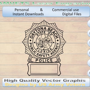 May include: A black and white digital graphic of the Daytona Beach Public Safety Agency police badge, featuring a central seal with a landscape illustration, surrounded by text, and a blank rectangular nameplate at the bottom for customization.