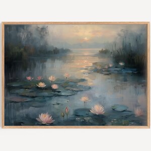 朝の静けさ: 睡蓮で満たされた湖、壁の装飾、プリント、横長プリント、油絵、壁アートプリント