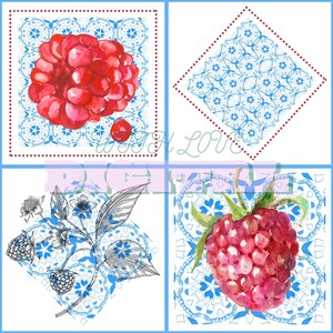 Könnte beinhalten: Ein quadratisches Kachel-Design mit Aquarell-Illustrationen von Himbeeren und Brombeeren. Die Beeren sind in Rot- und Rosatönen dargestellt, mit grünen Blättern und Stielen. Der Hintergrund hat ein blau-weißes Blumenmuster.