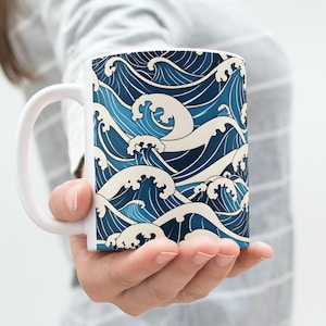 Ocean Waves Ceramic Mug - Ocean Inspired Tea Cup, Coastal Theme & Seaside Beachy Ceramic Mug, Surfs Up Drinkware, Wave Pattern Cup