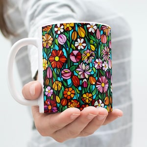 Blooming Stained Glass Mug - Floral Abstract Painting, Stained Glass Artistic Flower Pattern, Beautiful Mug, Gift For Plant Lover & Her