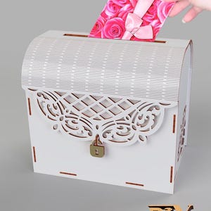 Cofre de dinero para bodas SVG, caja de regalo cortada a láser con ranura y tapa ornamentada, archivo digital para materiales de 3 mm y 4 mm, plantilla de caja de cartón, dxf, cdr, pdf, ai