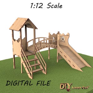 Miniature Playground Set – 1:12 Scale with Slide, Playhouse and Bridge - Laser Cut File
