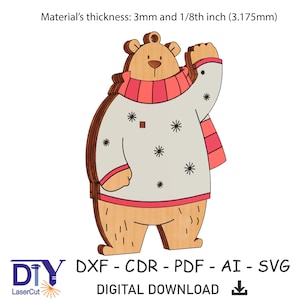 スカーフを巻いたレイヤードな手を振るクマ、クリスマスレーザーカットオーナメント、3D冬の動物デコレーション、レーザーカット用SVG DXF CDR ai pdfファイル