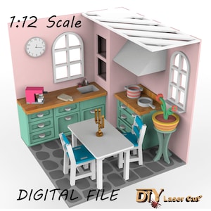 Digital File Miniature Dollhouse Kitchen 1/12 Scale Laser Cut SVG File, Dollhouse Furniture dxf, ai, pdf, eps, cdr, svg