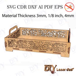 Tray with a floral pattern, Assembly without Glue, Rectangle Serving Tray, Laser Cut Drawing Wood Tea Coffee Tray, dxf, ai, pdf, eps, cdr