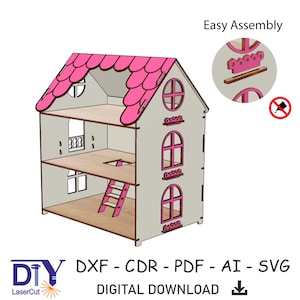 Dream Dollhouse Laser Cut File SVG, Three-Story Dollhouse with Attic, 1:12 scale, for Doll to 8 inch, dxf, svg, pdf, ai, cdr