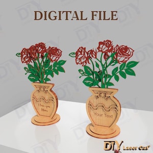 3D Rose Vase Laser Cut File, Wooden Vase With Roses, Mother Day Gift svg, Flower Vase dxf, eps, cdr, ai, pdf