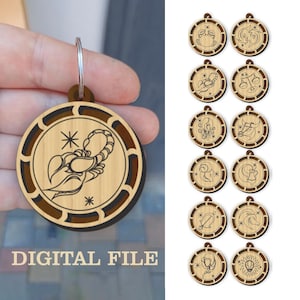 Spersonalizowany drewniany brelok ze znakiem zodiaku, plik wycinany laserowo, ręcznie robiony prezent astrologiczny dla wszystkich 12 znaków zodiaku, cyfrowy, svg, pdf, dxf, ai, png