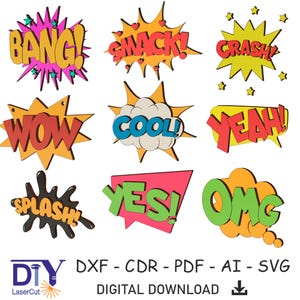 Retro Super Hero Comic Signs Laser Cut Files SVG, Comic Style Wall Art, Superhero Laser Cutting Vector, ai, cdr, dxf, pdf, svg, eps
