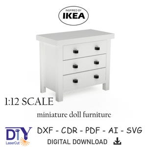 Digital File Chest of 3 drawers 1/12 Scale Laser Cut DXF, Furniture For Dollhouse Laser cut file SVG, 3mm material
