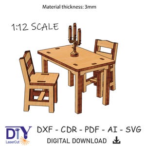 Digital File Dinning set for dollhouse 1:12 Scale Laser Cut File SVG, Doll Furniture Glowforge, svg, ai, pdf, cdr, eps, dxf