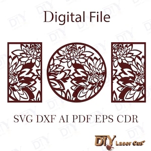 Peony Wall Art SVG, 3 Piece Laser Cut Panel,  SVG File for Cricut Glowforge & More , svg, dxf, cdr, eps, ai, pdf