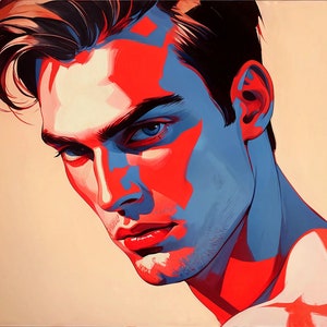 Pop-art, mannelijk portret, kunstafdruk, muurkunstdecor, vet portret, ingelijste horizontale poster