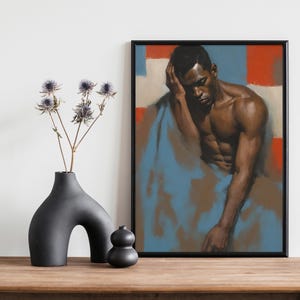 Afrikaanse mannelijke figuratieve schilderkunst, mannelijk en gordijnen, abstract, surrealistisch, portret, Afrikaanse kunst, kunst aan de muur, galeriedoek wraps, verticaal frame