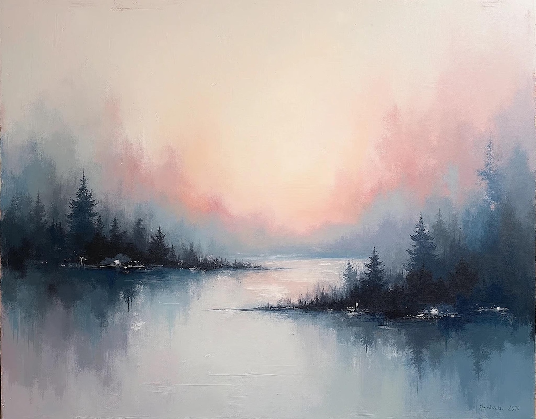 Misty Lake, Moody Lighting Abstract Landscape , Wall Art, Art Print ...