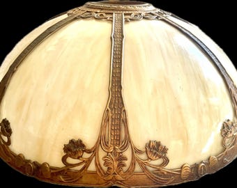 Vintage Slag Glass Art Nouveau lampshade by Rainaud 7 panel Slag Glass and  Metal Lamp Shade