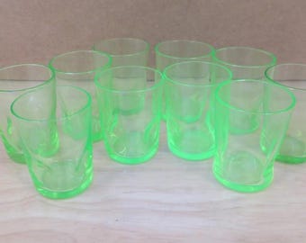 Uranium Shot Glasses -vintage glassware.  UV reactive, glow glass, Vintage Uranium Shot Glasses Set UV reactive glass