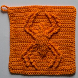 Könnte beinhalten: Orangefarbener gehäkelter Topflappen mit einem gewebten Muster in der Mitte.