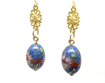 Art Nouveau botanical jewelry, faberge Cloissone enamel drop earrings, bridesmaid gift, botanical earrings, bridal party gift