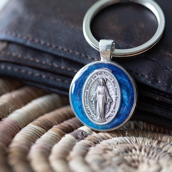 Miraculous Medal Catholic Keychain Blue Resin