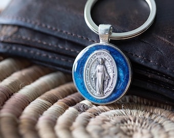 Miraculous Medal Catholic Keychain Blue Resin