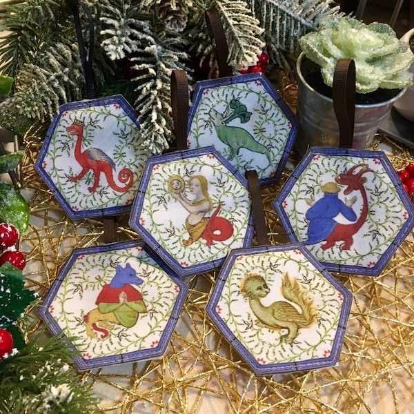 Christmas Ornament Set - fabric - illuminated manuscript medieval animals