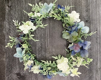 DIY Flower Crown Kit - faded denim blues - hydrangea white blue indigo - bridal shower activity, festival crown