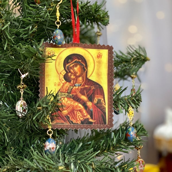 Soft Cloth Christmas ornament - Fabric Ornament - Orthodox icon Theotokos and Christ, Virgin Mary and Baby Jesus