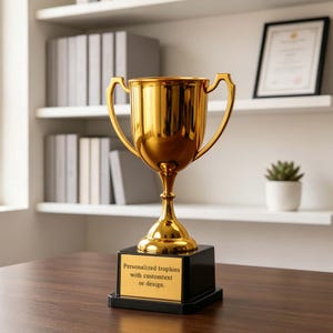 May include: A shiny gold trophy cup with two handles, mounted on a square black base. The base features a gold-colored plaque with the black printed text: Personalized trophies with customtext or design.