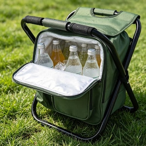 May include: A dark olive green insulated cooler bag integrated with a black metal folding stool frame. The bag features a front-opening zippered compartment revealing several glass bottles filled with clear and amber liquids inside.