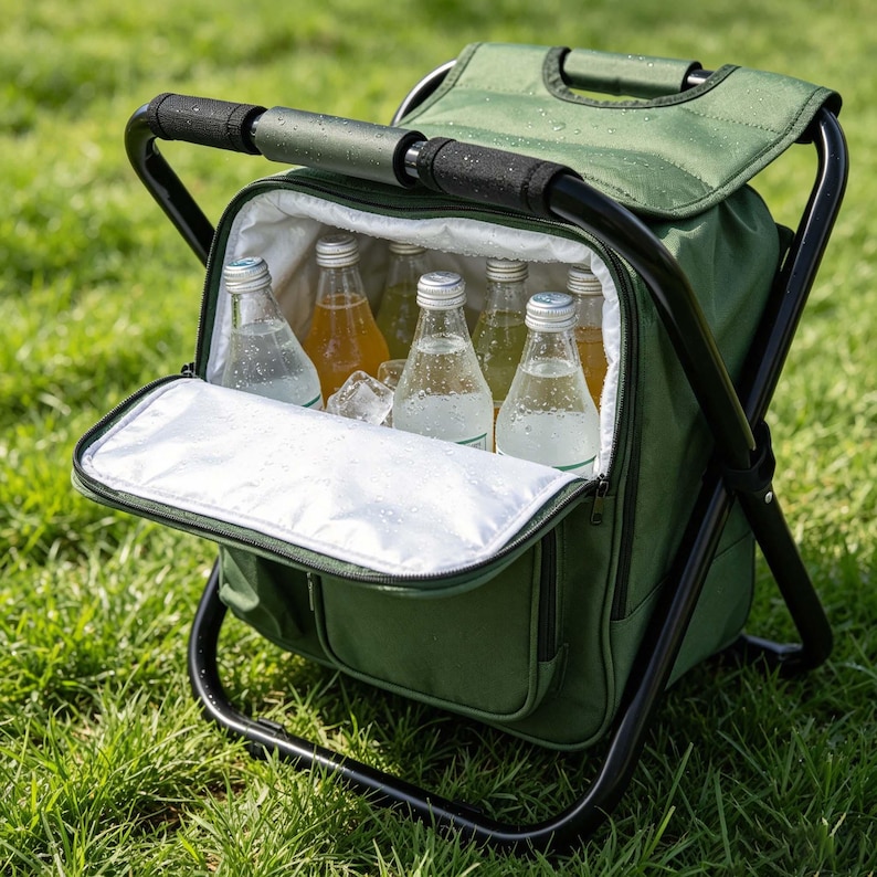 May include: A dark olive green insulated cooler bag integrated with a black metal folding stool frame. The bag features a front-opening zippered compartment revealing several glass bottles filled with clear and amber liquids inside.