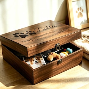 May include: A rectangular dark brown wood keepsake box with a hinged lid. The lid features the engraved name Bella, paw prints, and the text Always in My Heart. Inside, the box contains a photograph of a dog and small plush toys.