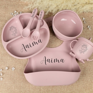 Personalized Silicone Baby Feeding Set 6-in-1, Custom Engraved Toddler Plate, Bib, Utensils, Sippy Cup & Snack Lid | Baby Shower Gift