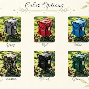 May include: A collection of six portable folding chair coolers in grey, red, blue, camo, black, and green. Each chair features a fabric seat and backrest, a storage compartment, and a side pocket holding a silver metal beverage container.