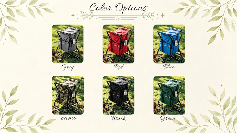 May include: A collection of six portable folding chair coolers in grey, red, blue, camo, black, and green. Each chair features a fabric seat and backrest, a storage compartment, and a side pocket holding a silver metal beverage container.