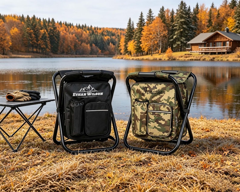 May include: Two portable folding chairs with integrated storage bags. One chair is solid black with the text Ethan Wilson and a mountain graphic. The other is camouflage print with the name Jonathan embroidered in script. Both have black metal frames.