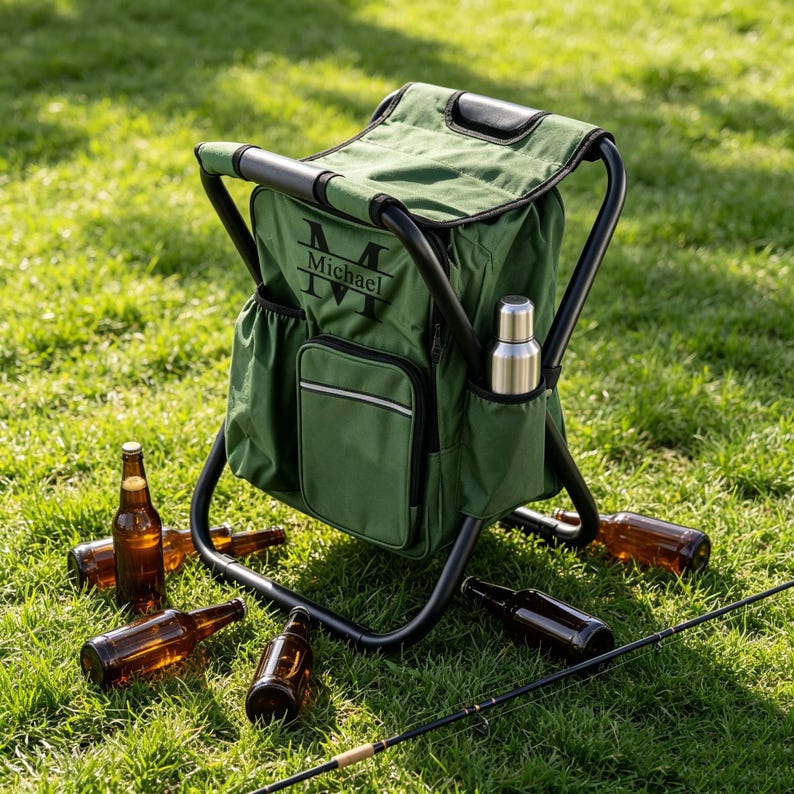 May include: A green folding stool with an integrated backpack featuring a black frame, side pockets, and a front pocket. The backpack is personalized with the letter M and the name Michael in black text. A silver bottle is in a side pocket.