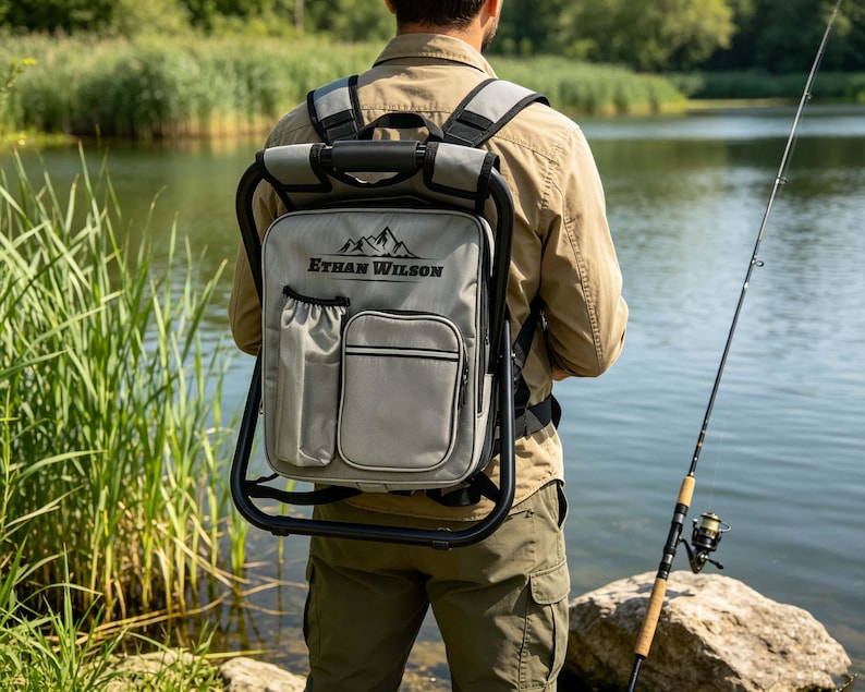 May include: A gray backpack with an integrated black metal frame chair. The bag features a front pocket, a side bottle holder, and the text Ethan Wilson with a mountain graphic printed in black on the upper section of the gray fabric exterior.