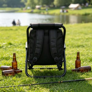 May include: A black backpack attached to a black metal folding chair frame, positioned centrally. Four brown glass bottles are placed on the grass around the chair, and a long, thin fishing rod lies horizontally across the foreground.